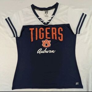 Women's Large Auburn University Tigers Mesh V-Neck Shirt Russell Athletic